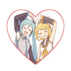 Rule 34 | 2girls, aqua hair, aqua necktie, arm up, bare shoulders, black collar, black sleeves, blonde hair, bow, closed eyes, collar, commentary, detached sleeves, facing viewer, grey shirt, grin, hair bow, hair ornament, hairclip, hands up, hatsune miku, headphones, headset, heart, heart arms duo, highres, kagamine rin, long hair, m0ti, multiple girls, necktie, open mouth, sailor collar, shirt, short hair, sleeveless, sleeveless shirt, smile, swept bangs, twintails, upper body, very long hair, vocaloid, white background, white bow, white shirt