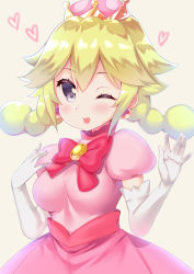 Rule 34 | 1girl, ;d, blonde hair, blush, bow, breasts, brown background, commentary request, crown, dress, elbow gloves, gloves, hair between eyes, hands up, heart, highres, ko yu, long hair, looking at viewer, mario (series), medium breasts, mini crown, new super mario bros. u deluxe, nintendo, one eye closed, open mouth, peachette, pink dress, puffy short sleeves, puffy sleeves, purple eyes, red bow, short sleeves, simple background, smile, solo, super crown, twintails, white gloves