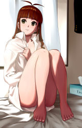 1girl akizuki_ritsuko barefoot blunt_bangs brown_hair female_focus full_body idolmaster idolmaster_(classic) indoors long_hair pettan_p shirt solo white_shirt yellow_eyes