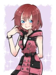 Rule 34 | 1girl, arm behind back, asymmetrical clothes, bare shoulders, belt, belt buckle, black belt, blue eyes, blush, bracelet, breasts, buckle, buttons, closed mouth, dress, hair between eyes, hood, jewelry, kairi (kingdom hearts), kingdom hearts, kingdom hearts iii, medium breasts, miki masao, pink dress, red hair, short hair, sleeveless, sleeveless dress, smile, solo, zipper pull tab