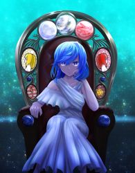 Rule 34 | 1girl, absurdres, alternate costume, blue eyes, blue hair, closed mouth, commentary request, dress, earrings, feet out of frame, hair between eyes, halter dress, halterneck, head rest, hecatia lapislazuli, hecatia lapislazuli (earth), highres, jewelry, kitsune, looking at viewer, magicap shazz, medium hair, off shoulder, sitting, smile, solo, stained glass, throne, torch, touhou, white dress