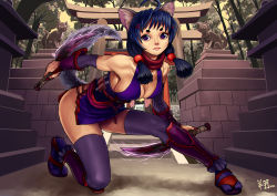 Rule 34 | 1girl, ahoge, animal ears, armor, blue hair, breasts, cat ears, cat tail, cleavage, commentary, dagger, dual wielding, eyebrows, full body, greaves, highres, holding, knife, low twintails, ninja, no bra, original, purple eyes, reverse grip, ryu shou, scarf, side slit, sideboob, solo, tabi, tail, thick eyebrows, thighhighs, torii, twintails, weapon