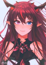 Rule 34 | 1girl, black dress, blue eyes, blush, breasts, brooch, closed mouth, demon horns, detached sleeves, dress, eyebrows hidden by hair, grey background, hair between eyes, handot (d yot ), heart, heart brooch, heterochromia, highres, hololive, hololive english, horns, irys (hololive), jewelry, lips, long hair, looking at viewer, medium breasts, multicolored hair, pointy ears, purple eyes, purple hair, red hair, signature, simple background, smile, solo, streaked hair, twitter username, two-tone dress, two-tone hair, upper body, virtual youtuber, white dress