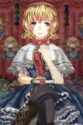 Rule 34 | 1girl, alice margatroid, apron, bad id, bad pixiv id, black pantyhose, blonde hair, blue eyes, book, boots, bow, capelet, cross-laced footwear, crossed legs, doll, dress, female focus, hair bow, hairband, jewelry, lance, long hair, needle, pantyhose, polearm, puppet rings, puppet strings, ring, sewing, shanghai doll, shield, short hair, sitting, smile, string, thread, touhou, weapon