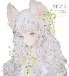 Rule 34 | 1girl, animal ears, closed mouth, curly hair, dated, highres, long hair, looking at viewer, neck ribbon, original, ribbon, simple background, solo, upper body, white background, white hair, yellow eyes, yellow ribbon, yogisya
