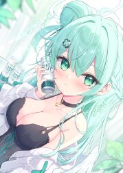 Rule 34 | 1girl, angel wings, black camisole, blurry, blurry foreground, blush, breasts, camisole, can, cardigan, clover hair ornament, commentary request, green eyes, green hair, hair bun, hair ornament, halo, highres, holding, holding can, large breasts, long hair, looking at viewer, mikaze oto, one side up, open cardigan, open clothes, original, single side bun, white cardigan, white wings, wings