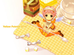 Rule 34 | 1girl, candy, cup, fairy, food, glasses, honey, kneeling, looking up, mary janes, mini person, minigirl, original, pink hair, shoes, short hair, sitting, solo, spoon, sugar cube, takeda mika, tea, thighhighs, wings, yellow theme, yellow thighhighs