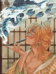 Rule 34 | 1boy, 2024, adam&#039;s apple, arm up, blonde hair, blue eyes, curly eyebrows, earrings, eyelashes, facial hair, fish, goatee, hairy chest, highres, holding, holding smoking pipe, imagining, japanese clothes, jewelry, kimono, long hair, looking up, lunaisanartist, male focus, mustache, one piece, open clothes, pectorals, sanji (one piece), signature, smoking, smoking pipe, striped clothes, striped kimono, yellow kimono