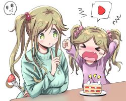 Rule 34 | &gt; &lt;, 2girls, angry, blonde hair, blush, blush stickers, cake, commentary, cream, cream on face, fang, food, food on face, fork, fruit, green eyes, highres, holding, inuyama akari, inuyama aoi, long hair, multiple girls, n2midori, open mouth, scrunchie, siblings, side ponytail, sisters, skin fang, strawberry, strawberry shortcake, sweater, thick eyebrows, turtleneck, turtleneck sweater, twintails, white background, yurucamp