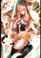 Rule 34 | 1girl, absurdres, arm up, armpits, black thighhighs, blonde hair, boots, bracelet, breasts, cleavage, fate/grand order, fate (series), feathers, hair between eyes, head wings, highres, hip focus, jewelry, kousaki rui, long hair, looking at viewer, medium breasts, polearm, red eyes, sash, scan, shield, smile, solo, spear, thigh boots, thighhighs, thrud (fate), valkyrie (fate), weapon, wings