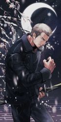 Rule 34 | 1boy, black jacket, black pants, black shirt, blue eyes, brown hair, closed mouth, cor leonis, crescent moon, facial hair, final fantasy, final fantasy xv, highres, holding, holding sword, holding weapon, jacket, koro mma, looking at viewer, male focus, moon, night, night sky, open clothes, open jacket, outdoors, pants, shirt, short hair, sideburns, sky, solo, stubble, sword, weapon