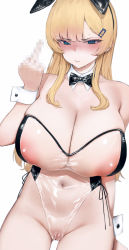 Rule 34 | 1girl, animal ears, areola slip, bar censor, bare shoulders, blonde hair, blue eyes, blush, bow, bowtie, breasts, censored, cleavage, commentary, detached collar, fake animal ears, gluteal fold, groin, hair ornament, hairclip, highres, large areolae, large breasts, leotard, long hair, looking at viewer, meme attire, middle finger, mochirong, mole, mole on breast, mole on stomach, mosaic censoring, navel, original, playboy bunny, rabbit ears, see-through, see-through leotard, simple background, solo, sweat, tears, traditional bowtie, translucent bunnysuit, white background, wrist cuffs