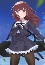 Rule 34 | 1girl, absurdres, arm at side, assault lily, black ribbon, black skirt, blue eyes, blue sky, blunt bangs, blurry, blurry foreground, brown hair, brown pantyhose, buttons, closed mouth, cloud, commentary request, cowboy shot, cropped jacket, day, falling leaves, feza chen (ushaku), floating hair, frilled skirt, frills, high-waist skirt, highres, instrument case, juliet sleeves, kaede johan nouvel, leaf, light blush, long hair, long sleeves, looking at viewer, miniskirt, neck ribbon, outdoors, pantyhose, puffy sleeves, ribbon, school uniform, sidelocks, skirt, sky, smile, solo, standing, twitter username, wavy hair, yurigaoka girls academy school uniform