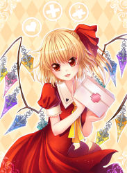 Rule 34 | 1girl, argyle, argyle background, argyle clothes, ascot, bad id, bad pixiv id, blonde hair, blush, cross, fangs, female focus, first aid kit, flandre scarlet, head tilt, heart, looking at viewer, no headwear, open mouth, orange eyes, philomelalilium, red eyes, side ponytail, smile, solo, spoken heart, touhou, wings