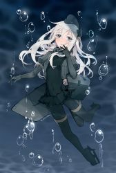 Rule 34 | 1girl, air bubble, artist name, black bodysuit, blonde hair, bodysuit, bubble, cropped jacket, diving suit, full body, garrison cap, gradient background, grey background, grey eyes, hat, highres, kantai collection, kocona, long hair, long sleeves, looking at viewer, machinery, puffy long sleeves, puffy sleeves, solo, u-511 (kancolle), underwater, wetsuit