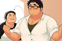 Rule 34 | 2boys, ^ ^, arm hair, bara, black-framed eyewear, black tank top, blush, bursting pectorals, chest hair, closed eyes, collared shirt, facial hair, fat, fat man, flying button, glasses, hairy, highres, large pectorals, long sideburns, male focus, mature male, motion lines, multiple boys, muscular, muscular male, norijaga, open mouth, original, pectoral cleavage, pectorals, raglan sleeves, shirt, short hair, sideburns, sleeves rolled up, stubble, surprised, tank top, thick eyebrows, upper body, wardrobe malfunction, white shirt, yaoi