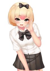 Rule 34 | 1girl, :d, absurdres, alternate costume, black bow, black bowtie, black eyes, black hairband, black skirt, blonde hair, blush, bow, bowtie, cowboy shot, deku suke, dress shirt, gradient hair, hair bow, hairband, hand up, highres, kemono friends, looking at viewer, multicolored hair, open mouth, pink hair, pleated skirt, shirt, short hair, short sleeves, silky anteater (kemono friends), simple background, skirt, smile, solo, white background, white shirt