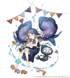 Rule 34 | 1girl, aged down, anklet, aqua eyes, barefoot, dress, earrings, fins, flute, full body, instrument, instrument request, jewelry, ji no, long hair, looking at viewer, mermaid, monster girl, music, nightmare (sinoalice), ningyo hime (sinoalice), official art, playing instrument, purple hair, recorder, sailor collar, sinoalice, solo, square enix, toy block, toy car, very long hair, water, white background