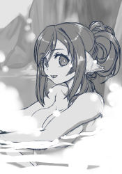 Rule 34 | 1girl, animal ears, aquaplus, bare arms, bare shoulders, bathing, black eyes, black hair, breasts, bright pupils, cleavage, collarbone, convenient censoring, eyelashes, floating breasts, from side, greyscale, hair between eyes, hair up, in water, kazuhane2, knees up, kuon (utawarerumono), large breasts, long hair, looking at viewer, midriff, midriff peek, monochrome, nude, onsen, open mouth, outdoors, raised eyebrows, sidelocks, sitting, solo, steam, steam censor, swept bangs, teeth, thighs, toned, toned female, tongue, upper body, utawarerumono, utawarerumono: itsuwari no kamen, variations, very long hair, water, white pupils