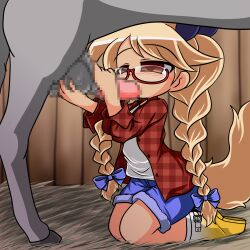 Rule 34 | absurdres, bestiality, blonde hair, dog girl, dog tail, fellatio, glasses, hair ornament, highres, horse, mojap, oral, plaid, plaid shirt, retoree (show by rock!!), shirt, shorts, show by rock!!, tail, testicle grab, twintails