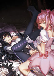 Rule 34 | 10s, 2girls, akemi homura, ankle grab, argyle, argyle clothes, argyle legwear, back, between legs, black hair, bloomers, blush, bow, breasts, capelet, choker, curtains, embarrassed, eyelashes, feet, flower, foot worship, frilled pillow, frilled skirt, frills, hair between eyes, hair bow, hair ribbon, hairband, half-closed eyes, hand between legs, indoors, kaname madoka, kneeling, large breasts, legs up, licking, licking foot, long hair, looking at viewer, lying, magical girl, mahou shoujo madoka magica, mahou shoujo madoka magica (anime), multiple girls, no shoes, on back, on bed, open clothes, pantyhose, pillow, pink bow, pink hair, pleated skirt, puffy short sleeves, puffy sleeves, purple eyes, pushing away, ribbon, role reversal, rose, shade, short sleeves, short twintails, skirt, smile, streamingsun, sweat, thorns, tongue, tongue out, twintails, underwear, white flower, white legwear, white rose, yellow eyes, yuri