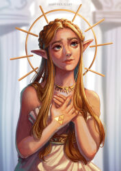 Rule 34 | 2girls, absurdres, bare shoulders, blonde hair, blue eyes, dress, eventid1ngs, halo, highres, hylian crest, jewelry, long hair, looking up, multiple girls, necklace, nintendo, pointy ears, princess zelda, the legend of zelda, the legend of zelda: breath of the wild, triforce, white dress