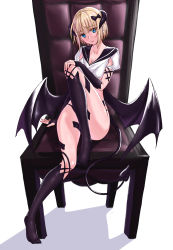 Rule 34 | 1girl, black bow, black gloves, black panties, black socks, black wings, blonde hair, blue eyes, blunt bangs, bow, breasts, chair, chinese commentary, cleavage, closed mouth, commentary request, crop top, demon girl, demon horns, demon tail, demon wings, fingerless gloves, full body, gloves, hair bow, highres, horns, kneehighs, looking at viewer, medium breasts, no shoes, original, panties, sailor collar, shirt, short hair, short sleeves, sitting, socks, solo, tail, underwear, white background, white shirt, wings, yeklsa