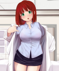 Rule 34 | 1girl, black skirt, blue shirt, blurry, blurry background, blush, bra visible through clothes, breasts, collared shirt, copyright request, cowboy shot, depth of field, dressing, green eyes, head tilt, indoors, kozue akari, lab coat, large breasts, long hair, looking at viewer, miniskirt, parted lips, pencil skirt, red hair, shirt, skirt, solo, standing, wing collar