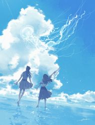 Rule 34 | 2girls, arm at side, arm up, barefoot, blue sky, blue theme, canai, cloud, cloudy sky, commentary request, day, facing away, floating, grey hair, grey skirt, holding, jellyfish, long hair, long skirt, multiple girls, original, outstretched arm, ponytail, reflection, scenery, school uniform, shirt, signature, skirt, sky, standing, tentacles, vest, water, water gun, water world, white shirt, wide shot