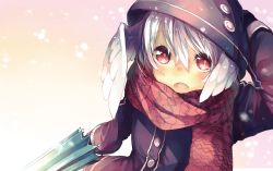 Rule 34 | 1girl, bad id, bad pixiv id, en@rain, female focus, gradient background, hand on own head, head wings, open mouth, scarf, solo, umbrella, white hair, wings