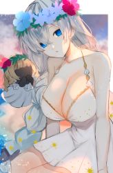 Rule 34 | 1girl, absurdres, anastasia (fate), anastasia (swimsuit archer) (fate), anastasia (swimsuit archer) (second ascension) (fate), bad id, bad pixiv id, bare shoulders, blue eyes, blush, braid, breasts, cleavage, collarbone, doll, dress, dress swimsuit, fate/grand order, fate (series), flower wreath, hair over one eye, head wreath, highres, large breasts, long hair, looking at viewer, open mouth, revision, silver hair, sky, thighs, tsumuko, twin braids, very long hair, viy (fate), white dress
