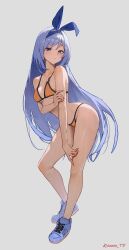 Rule 34 | 1girl, absurdres, bare arms, bare legs, bare shoulders, bikini, blue eyes, blue footwear, blue hair, breasts, closed mouth, commission, frown, full body, hair ribbon, highres, leaning forward, legs, long hair, looking at viewer, medium breasts, bae minah (chaesu), orange bikini, original, ribbon, shoes, simple background, sneakers, solo, sooon, stomach, string bikini, swimsuit, thighs, very long hair, white background