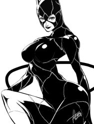 Rule 34 | 1girl, animal ears, batman (series), bodysuit, breasts, cat ears, catsuit, catwoman, commentary request, dc comics, falcoon, greyscale, large breasts, lipstick, makeup, monochrome, skin tight, narrow waist, solo, whip