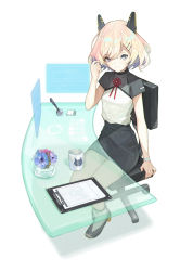 Rule 34 | 1girl, bad id, bad pixiv id, blonde hair, blue eyes, chinese clothes, clipboard, cup, flower, hair ornament, hairclip, holographic monitor, looking at viewer, mgg (x arte), mug, original, pantyhose, pencil, pencil skirt, robot ears, short hair, sitting, skirt, smile, solo, table