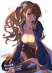 Rule 34 | 1girl, absurdres, ap cammy, asymmetrical bangs, beatrix (granblue fantasy), belt, belt buckle, black shorts, blue jacket, breasts, brown belt, brown hair, buckle, commission, granblue fantasy, green eyes, high ponytail, highres, jacket, jewelry, long sleeves, looking at viewer, necklace, puffy long sleeves, puffy sleeves, shirt, shorts, smile, solo, white background, white shirt