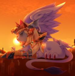 Rule 34 | absurdres, armor, digimon, digimon (creature), highres, looking at another, nefertimon, nefertimon x-antibody, sphinx, tail, tailmon, wings