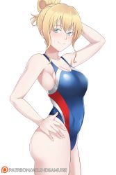 Rule 34 | 10s, 1girl, aslindsamure, asobi asobase, blonde hair, blue eyes, breasts, cleavage, closed mouth, collarbone, commentary, cowboy shot, english commentary, hair between eyes, highres, large breasts, long hair, olivia (asobi asobase), one-piece swimsuit, patreon logo, smile, solo, standing, swimsuit, thighs, white background