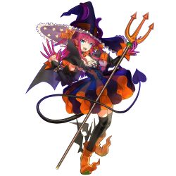 1girl asymmetrical_horns bat_(animal) bat_wings black_thighhighs blue_eyes boots detached_sleeves dragon_girl dress earrings elizabeth_bathory_(fate) elizabeth_bathory_(halloween_caster)_(fate) fang fang_out fate/grand_order fate_(series) food-themed_earrings food_themed_earrings full_body game_cg hair_ribbon halloween halloween_costume hat highres holding holding_polearm holding_weapon horns horns_through_headwear jewelry long_hair moon official_art open_mouth pink_hair pointy_ears pointy_footwear polearm pumpkin_earrings pumpkin_ornament ribbon solo standing striped_clothes striped_dress tachi-e tail thighhighs third-party_source transparent_background trident uneven_horns vertical-striped_clothes vertical-striped_dress wada_arco weapon winged_boots wings witch_hat