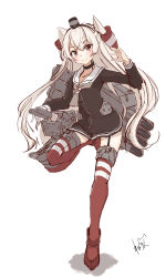 Rule 34 | 1girl, absurdres, amatsukaze (kancolle), blush, boots, commentary, dress, full body, gloves, hair tubes, highres, innertube, kantai collection, leg up, long hair, long sleeves, neve (morris-minicooper), red footwear, rensouhou-kun, rigging, sailor collar, sailor dress, shadow, signature, silver hair, simple background, single glove, smile, standing, standing on one leg, strap, striped, swim ring, thigh boots, thighhighs, two side up, white background, white gloves