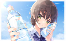 Rule 34 | 1girl, blue bow, blue bowtie, blue sky, bottle, bow, bowtie, brown hair, commentary request, day, green eyes, grin, highres, lens flare, looking at viewer, original, outdoors, shigure ui, shirt, short hair, sky, smile, solo, upper body, water bottle, white shirt