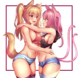 Rule 34 | 2girls, ahoge, animal ear fluff, animal ears, bikini, bikini top only, blonde hair, blue eyes, blush, breasts, cat ears, cat tail, collaboration, cowboy shot, cutoffs, denim, denim shorts, exposed pocket, fang, hair between eyes, hand on another&#039;s hip, highres, hug, kaptivate, large breasts, long hair, looking at another, medium breasts, micro shorts, multiple girls, multiple tails, navel, nekomia (kaptivate), nottytiffy, open mouth, original, pink hair, red eyes, short shorts, shorts, slit pupils, smile, swimsuit, tail, tank top, thighhighs, tiffy (nottytiffy), towel, twintails, two tails