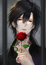 Rule 34 | 1boy, absurdres, bars, black hair, black shirt, blurry, collarbone, depth of field, drop shadow, earclip, earrings, flower, glint, grey background, hair between eyes, half-closed eyes, hand up, highres, holding, holding flower, jewelry, looking at viewer, male focus, mutsuki ry, neck tattoo, original, parted lips, portrait, prison cell, red eyes, red flower, red rose, rose, shirt, short hair, signature, solo, string, string of fate, stud earrings, tattoo
