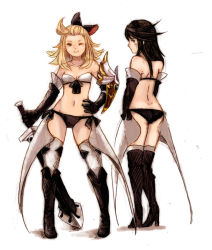 Rule 34 | 2girls, agnes oblige, ahoge, blonde hair, blue eyes, blush, bow, bravely default: flying fairy, bravely default (series), breasts, commentary request, edea lee, elbow gloves, gloves, hair bow, long hair, looking at viewer, ma-hain-scarlet, multiple girls, simple background, smile, sword, thighhighs, underwear, underwear only, weapon, white background