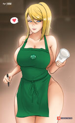Rule 34 | 1girl, absurdres, apron, artist logo, artist name, bare shoulders, blonde hair, breasts, cleavage, closed mouth, collarbone, cowboy shot, cup, disposable cup, feet out of frame, female focus, green apron, hair tie, heart, high ponytail, highres, holding, holding cup, holding marker, iced latte with breast milk (meme), large breasts, lips, looking at viewer, marker, medium hair, meme, metroid, mole, mole on breast, mole under mouth, mystyhw, naked apron, nintendo, patreon logo, patreon username, samus aran, sidelocks, smile, speech bubble, spoken heart, standing, starbucks, thighs, watermark, web address
