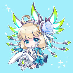 Rule 34 | 1girl, black dress, blonde hair, blue background, blue bow, blue eyes, blue flower, blue ribbon, blue rose, blunt bangs, blush, bow, chibi, closed mouth, commentary request, dress, flower, full body, garter straps, hair flower, hair ornament, hair ribbon, long hair, long sleeves, looking at viewer, pikomarie, puzzle &amp; dragons, ribbon, rose, solo, spica (p&amp;d), thighhighs, white thighhighs, wide sleeves