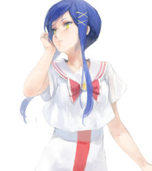 Rule 34 | 1girl, adjusting hair, aged up, aika granzchesta, aria (manga), blouse, blue hair, bow, bowtie, collarbone, kuroko (piii), parted lips, red bow, red bowtie, sailor collar, shirt, short hair with long locks, short sleeves, sidelocks, simple background, solo, swept bangs, upper body, white background, white sailor collar, white shirt, yellow eyes