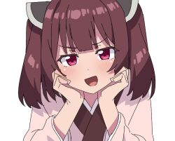 Rule 34 | 1girl, blush, brown hair, head rest, headgear, homura shinji, japanese clothes, kimono, looking at viewer, open mouth, pink eyes, simple background, sketch, smile, smug, solo, touhoku kiritan, upper body, voiceroid, white background