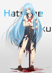 Rule 34 | &gt;:/, 1girl, :/, anarchojs, black skirt, blood, blood on clothes, blue eyes, blue hair, blush, bokken, bracelet, brown footwear, character name, closed mouth, contrapposto, delinquent, full body, grey background, hair down, hand on own hip, hatsune miku, highres, jewelry, legs apart, loafers, long hair, long skirt, looking at viewer, pleated skirt, school uniform, serafuku, shirt, shoes, short sleeves, simple background, skirt, socks, solo, standing, sukeban, sword, torn clothes, torn skirt, v-shaped eyebrows, very long hair, vocaloid, weapon, white shirt, white socks, wooden sword