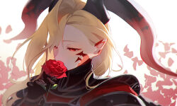 Rule 34 | 1girl, armor, armored bodysuit, black armor, black bodysuit, black gloves, black horns, blonde hair, bodysuit, dragon horns, facial mark, fate/grand order, fate (series), flower, fomnant, gloves, hair over one eye, highres, holding, horns, long hair, long horns, nero claudius (fate), nero claudius (fate) (all), pointy ears, portrait, queen draco (fate), queen draco (third ascension) (fate), red eyes, red flower, red rose, red scales, rose, shoulder plates, smelling, smelling flower, smile, solo
