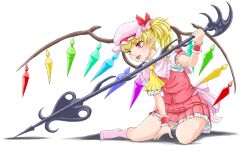 Rule 34 | 1girl, ascot, axis fran, back bow, between legs, blonde hair, bow, buttons, flandre scarlet, frilled shirt collar, frilled skirt, frilled sleeves, frills, full body, hand between legs, hat, hat bow, hat ribbon, highres, holding, holding polearm, holding weapon, laevatein (touhou), large bow, medium hair, mob cap, multicolored wings, no shoes, one side up, open mouth, pink bow, pink hat, pink socks, pleated skirt, pointy ears, polearm, puffy short sleeves, puffy sleeves, red bow, red eyes, red ribbon, red skirt, red vest, ribbon, shirt, short sleeves, simple background, skirt, skirt set, sleeve bow, sleeve ribbon, socks, solo, teeth, touhou, upper teeth only, vest, weapon, white background, white shirt, wings, wrist cuffs, yellow ascot